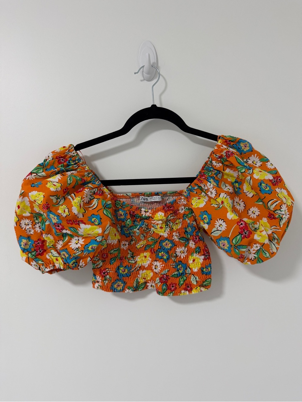 Zara Orange Floral Puff-Sleeve Smocked Crop Top
